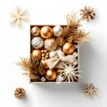 An arrangement of of gold and silver Christmas decorations Gift box on white background. Flat lay. Copy space. with generative Ai Royalty Free Stock Photo