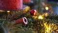 an arrangement of green christmas wreaths with a lit candle in the center Royalty Free Stock Photo