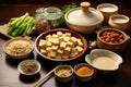 arrangement of homemade tofu, soybeans, and ingredients Royalty Free Stock Photo