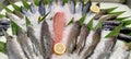 Arrangement of lots of fresh fish in the fish market