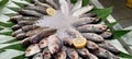 Arrangement of lots of fresh fish in the fish market Royalty Free Stock Photo