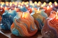 Arrangement of multicolored candles in an artistic setting. AI-generated.