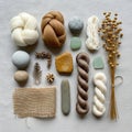 Arrangement of natural and textile elements on a textured fabric surface Royalty Free Stock Photo