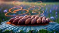 Cocoa Pods on a Leaf with Cacao Powder Trail Royalty Free Stock Photo