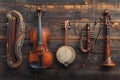 Arrangement of orchestral instruments, including violin and woodwinds, on rustic wooden surface, musical theme, copy