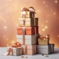 Arrangement of presents and gift boxes beautifully set against a solid color studio background. Royalty Free Stock Photo
