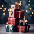 Arrangement of presents and gift boxes beautifully set against a solid color studio background. Royalty Free Stock Photo