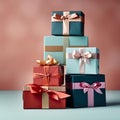 Arrangement of presents and gift boxes beautifully set against a solid color studio background. Royalty Free Stock Photo