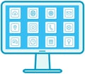 Arrangement of program shortcuts on display. Computer home screen, desktop interface with icons