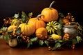 An arrangement of pumpkins, gourds, and leaves, creating a festive autumnal centerpiece Royalty Free Stock Photo