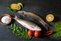 Arrangement of raw fish on a black background