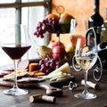 An arrangement with red, white and rose wine served with a charcuterie board. Royalty Free Stock Photo