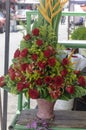 Arrangement of roses in a basket placed in market stall Royalty Free Stock Photo