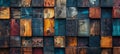 Arrangement of rustic 3d wooden cubes in abstract block stack, creating a textured backdrop