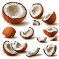 Arrangement showing several coconuts and coconut pieces on white surface isolated on white bacground Royalty Free Stock Photo