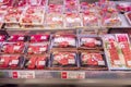 The arrangement of sliced beef in plastic box for sell