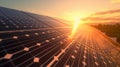 Arrangement of solar energy production plant.Solar Panels At Sunset - Renewable Energy Concept