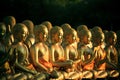 arrangement stack of golden buddha statue in buddhism temple thailand