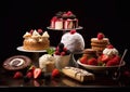 Arrangement of various desserts,pastry,cake and whipped cream and berry.Macro.AI Generative