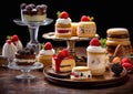 Arrangement of various desserts,pastry,cake and whipped cream and berry.Macro.AI Generative