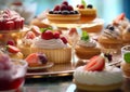 Arrangement of various desserts,pastry,cake and whipped cream and berry.Macro.AI Generative