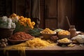 arrangement of various pasta shapes on a rustic table