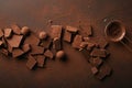 Arrangement of various types of chocolate, truffles and sieve with cocoa powder