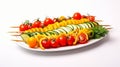 An arrangement of vibrant vegetable skewers, ideal for grilling. Royalty Free Stock Photo
