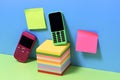 Vintage mobile telephones with adhesive notes