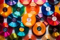Arrangement of vinyl records forming a pattern on lacquered table, top view flat lay composition Royalty Free Stock Photo