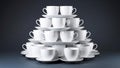 Arrangement of white ceramic teacups and saucers stacked in a pyramid shape on a dark background. Royalty Free Stock Photo