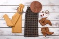 Arrangement of winter women`s clothes with accessories. Royalty Free Stock Photo