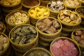 Arrangment of various dim sum in bamboo steamer