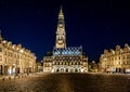 Arras town hall, belfry and place des heroes at night with starry sky