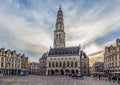 Arras town hall, belfry and place des heroes at sunset