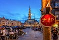 Arras town hall, belfry and place des heroes after sunset in blue hour