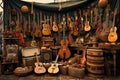 Array of antique stringed musical instruments displayed at a flea market Royalty Free Stock Photo