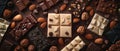 An array of assorted chocolate bars, including white, milk, and dark chocolate, accompanied by nuts on a dark surface Royalty Free Stock Photo