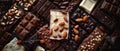 An array of assorted chocolate bars, including white, milk, and dark chocolate, accompanied by nuts on a dark surface Royalty Free Stock Photo