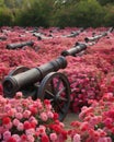 An array of belching cannons now surrounded by the sweet scent of roses Abandoned landscape. AI generation