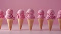Array of berry ice cream scoops in waffle cones on pink background Royalty Free Stock Photo