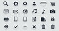 Array of 24 black icons on circular white backgrounds. Icons include a magnifying