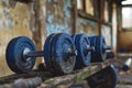 Array of blue dumbbells neatly aligned on a sturdy wooden bench, An item that is essential for building strength, power, and