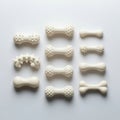 Array of bone-shaped dog toys, arranged in a grid on a light surface. Each toy differs