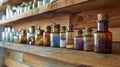 Array of brown medicine bottles on wooden shelving. Antique apothecary atmosphere. Concept of alternative medicine Royalty Free Stock Photo