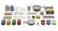 Complete Ceramic Pottery Tools Set with Clay, Wheel, and Glazes on White Background: A Comprehensive Arrangement for Royalty Free Stock Photo
