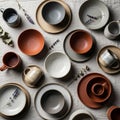 Tableware featuring bowls plates and mugs in earthy tones of Royalty Free Stock Photo