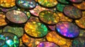 Array of circular silicon wafers with colorful gradient reflections, arranged neatly in a vibrant industrial environment, showc