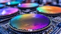 Array of circular silicon wafers with vibrant iridescent finishes placed on circuit boards, representing technological precisio