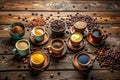 An array of coffee preparations roasted beans, ground coffee, and various brewing methods displayed on a rustic wooden surface. Royalty Free Stock Photo